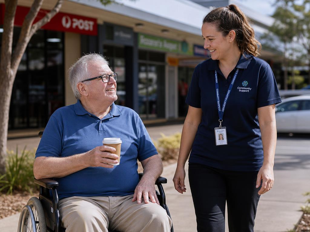 An older man who uses a wheelchair enjoying a coffee at the local shops with his support worker walking beside him.